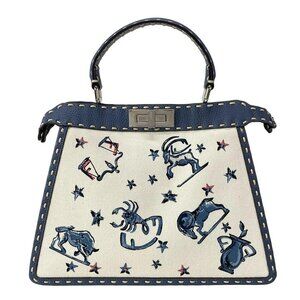 FENDI Celeria / Peekaboo Icy You Medium 8BN321 Cream Blue Gray Canvas Leather -